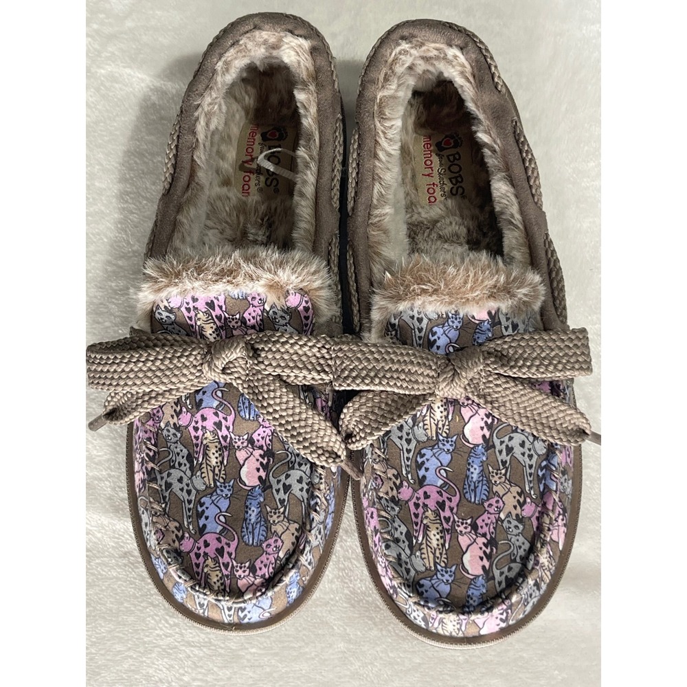 Skechers BOBS Size 6.5 Too Cats Meow Slippers Cat Print Faux Fur Memory Foam